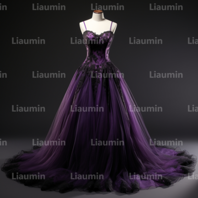 Purple tulle and black lace applique strapless full length tull prom dress evening dress custom hand made a2-3.1