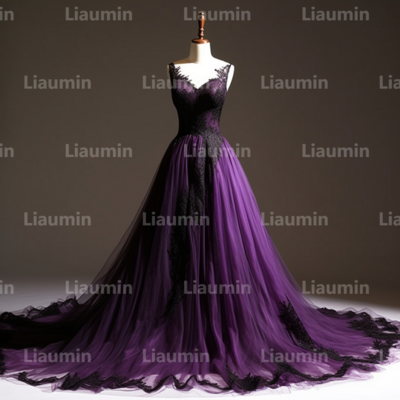 Purple Tulle and Black Lace Applique Strapless Full Length Tull Prom Dress Evening Dress Custom Hand Made A2-3.8