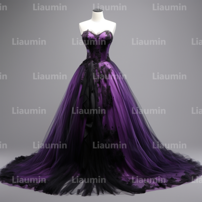 Purple tulle and black lace applique strapless full length tull prom dress evening dress custom hand made a2-3.9