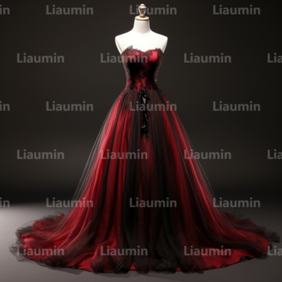 Red and black tulle strapless full length tull prom dress evening dress custom hand made a2-5.1