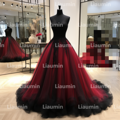 Red and Black Tulle Strapless Full Length Tull Prom Dress Evening Dress Custom Hand Made A2-5.4