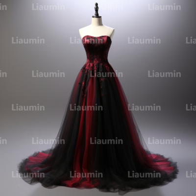 Red and black tulle strapless full length tull prom dress evening dress custom hand made a2-5.2