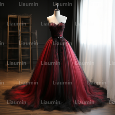 Red and black tulle strapless full length prom dress evening dress custom hand made a2-5.5