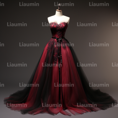 Red and Black Tulle Strapless Full Length Prom Dress Evening Dress Custom Hand Made A2-5.6
