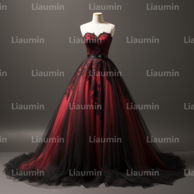 Red and Black Tulle Strapless Full Length Prom Dress Evening Dress Custom Hand Made A2-5.7