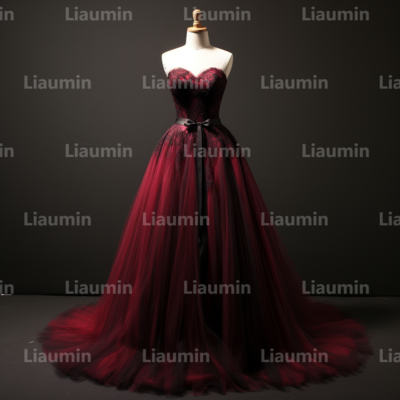 Red and black tulle strapless full length prom dress evening dress custom hand made a2-5.8