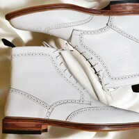 Classic Men's Handmade White Cow Leather Ankle High Lace Up Boot - Thumbnail 1