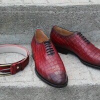 Crafted Leather Classic Red Crocodile/Alligator Lace up Dress Shoes with Matching Belt - Thumbnail 2