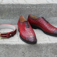 Crafted Leather Classic Red Crocodile/Alligator Lace up Dress Shoes with Matching Belt - Thumbnail 3