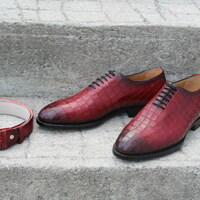 Crafted Leather Classic Red Crocodile/Alligator Lace up Dress Shoes with Matching Belt - Thumbnail 4