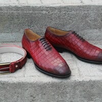 Crafted Leather Classic Red Crocodile/Alligator Lace up Dress Shoes with Matching Belt - Thumbnail 5