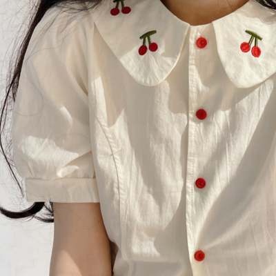 Vintage cherry embroidery white cropped shirt blouse top - Thumbnail 1