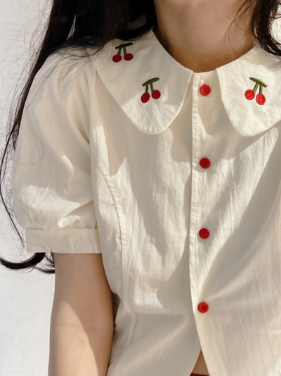 Vintage Cherry Embroidery White Cropped Shirt Blouse Top
