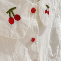 Vintage Cherry Embroidery White Cropped Shirt Blouse Top - Thumbnail 1