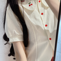 Vintage Cherry Embroidery White Cropped Shirt Blouse Top - Thumbnail 5