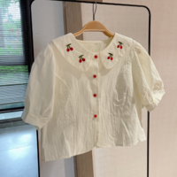 Vintage Cherry Embroidery White Cropped Shirt Blouse Top - Thumbnail 6