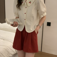 Vintage Cherry Embroidery White Cropped Shirt Blouse Top - Thumbnail 7