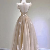 Champagne Tulle Lace Tea Length Prom Dress - Thumbnail 1