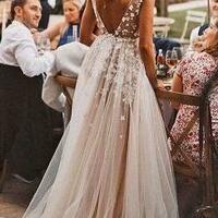 Charming A Line V Neck Wedding Dresses with Lace - Thumbnail 1