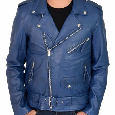 Men's genuine blue lambskin leather jacket, men slim fit biker motorcycle jacket
