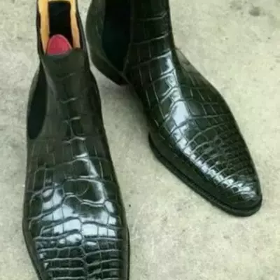 Handmade men chelsea black crocodile embossed calfskin leather ankle dress boots