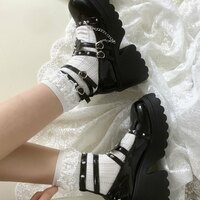 JK Black Leather Heeled Shoes With Chain And Bat Wing Decor - Thumbnail 4