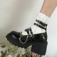 JK Black Leather Heeled Shoes With Chain And Bat Wing Decor - Thumbnail 2