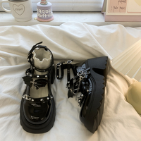 JK Black Leather Heeled Shoes With Chain And Bat Wing Decor - Thumbnail 6