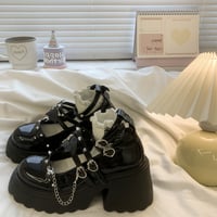 JK Black Leather Heeled Shoes With Chain And Bat Wing Decor - Thumbnail 5