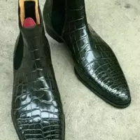 Handmade Men Chelsea Black Crocodile Embossed Calfskin Leather Ankle Dress Boots - Thumbnail 5