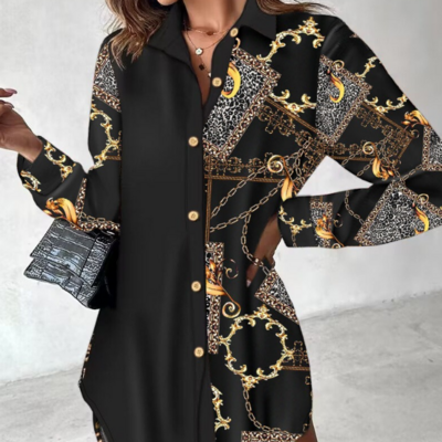 Chain long sleeve printed button splicing dress