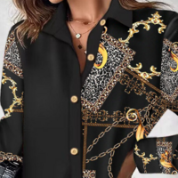 Chain Long Sleeve Printed Button Splicing Dress - Thumbnail 1