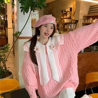 Pink Navy Collar Knitted Sweater With Flower Detail - Thumbnail 2