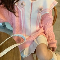 Pink Navy Collar Knitted Sweater With Flower Detail - Thumbnail 4