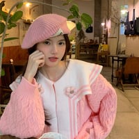 Pink Navy Collar Knitted Sweater With Flower Detail - Thumbnail 3