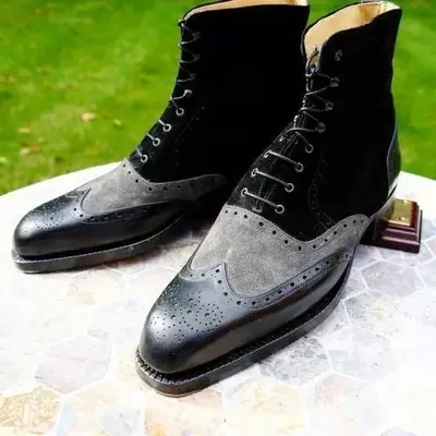 Handmade men's two tone cowhide leather & suede wingtip lace up ankle high boots