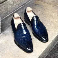 Handmade men blue crocodile moccasin shoes, dress formal slip on shoes for mens - Thumbnail 4