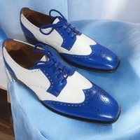 Handmade Men's Two Tone Genuine Leather Wingtip Lace Up Shoes - Thumbnail 1