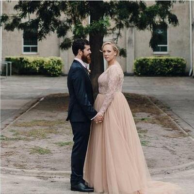 Plus size 2024 new country a line wedding dresses v neck long sleeves lace appliques beaded blush pink tulle wedding gowns bridal dress,1782 - Thumbnail 1