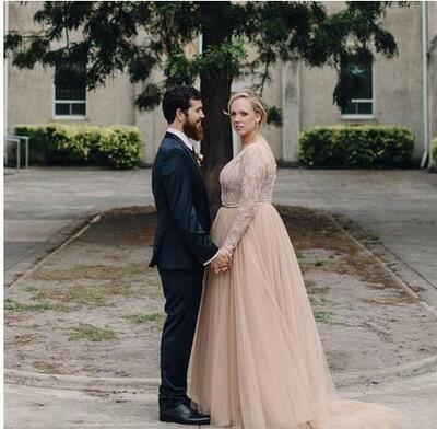 Plus Size 2024 New Country A Line Wedding Dresses V Neck Long Sleeves Lace Appliques Beaded Blush Pink Tulle Wedding Gowns Bridal Dress,1782