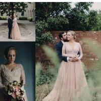 Plus Size 2024 New Country A Line Wedding Dresses V Neck Long Sleeves Lace Appliques Beaded Blush Pink Tulle Wedding Gowns Bridal Dress,1782 - Thumbnail 1