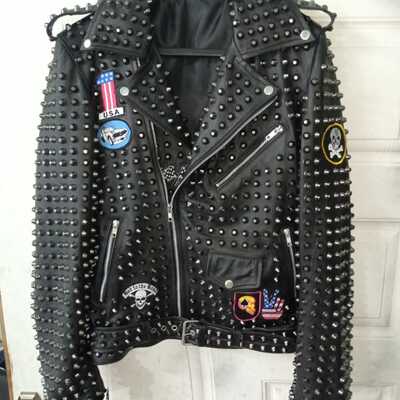 Crafted leather men classic silver studded patches punk rock black leather jacket  - Thumbnail 4