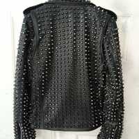 Crafted Leather Men Classic Silver Studded Patches Punk Rock Black Leather Jacket  - Thumbnail 2