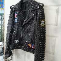 Crafted Leather Men Classic Silver Studded Patches Punk Rock Black Leather Jacket  - Thumbnail 1