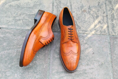 Crafted Leather Classic Tan Leather Wingtip Oxford Lace up Dress Shoes