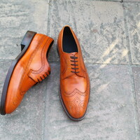 Crafted Leather Classic Tan Leather Wingtip Oxford Lace up Dress Shoes - Thumbnail 1