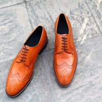 Crafted Leather Classic Tan Leather Wingtip Oxford Lace up Dress Shoes - Thumbnail 5