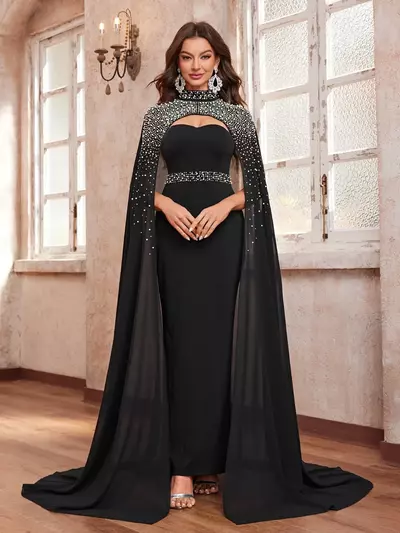 High Neck Mermaid Beadings Sequined Long Shawl Gowns Formal Mother of the Bride/ Groom Dress Evening Wear black plus size evening gown