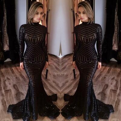 Sexy mermaid high neck black sequined prom dress with long sleeves  - Thumbnail 1