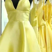 A-Line V Neck Short Yellow Homecoming Dresses With Pockets - Thumbnail 1
